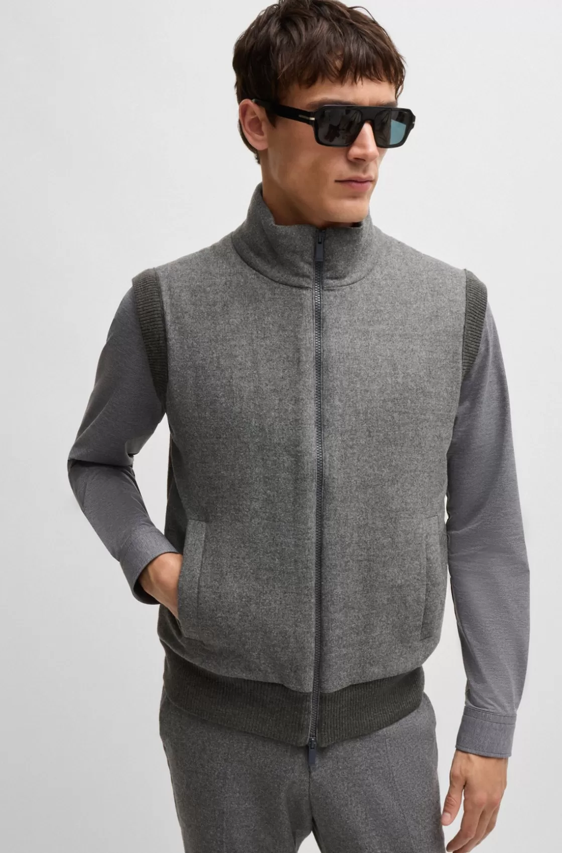 HUGO BOSS Regular-fit Gilet With Brushed-flannel Front Grey Best