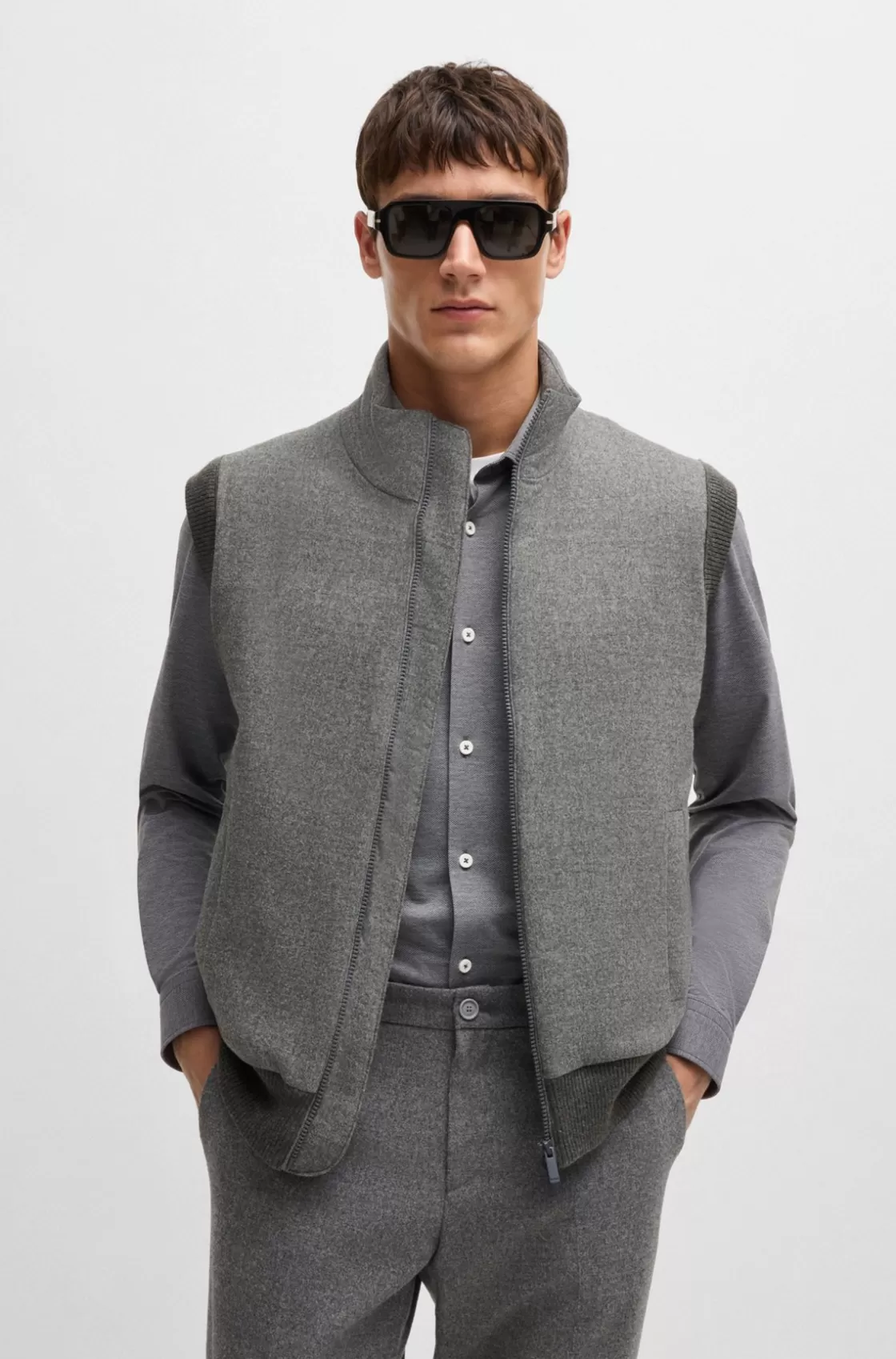 HUGO BOSS Regular-fit Gilet With Brushed-flannel Front Grey Best