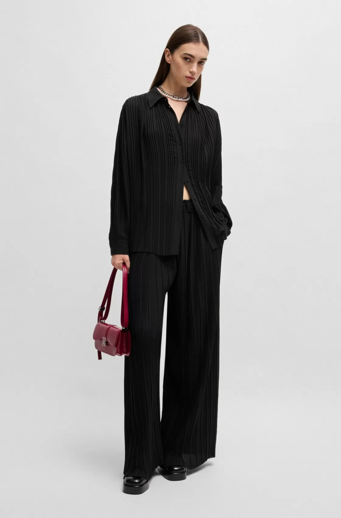 HUGO BOSS Regular-fit High-rise Trousers In Plissé Crepe Black Flash Sale