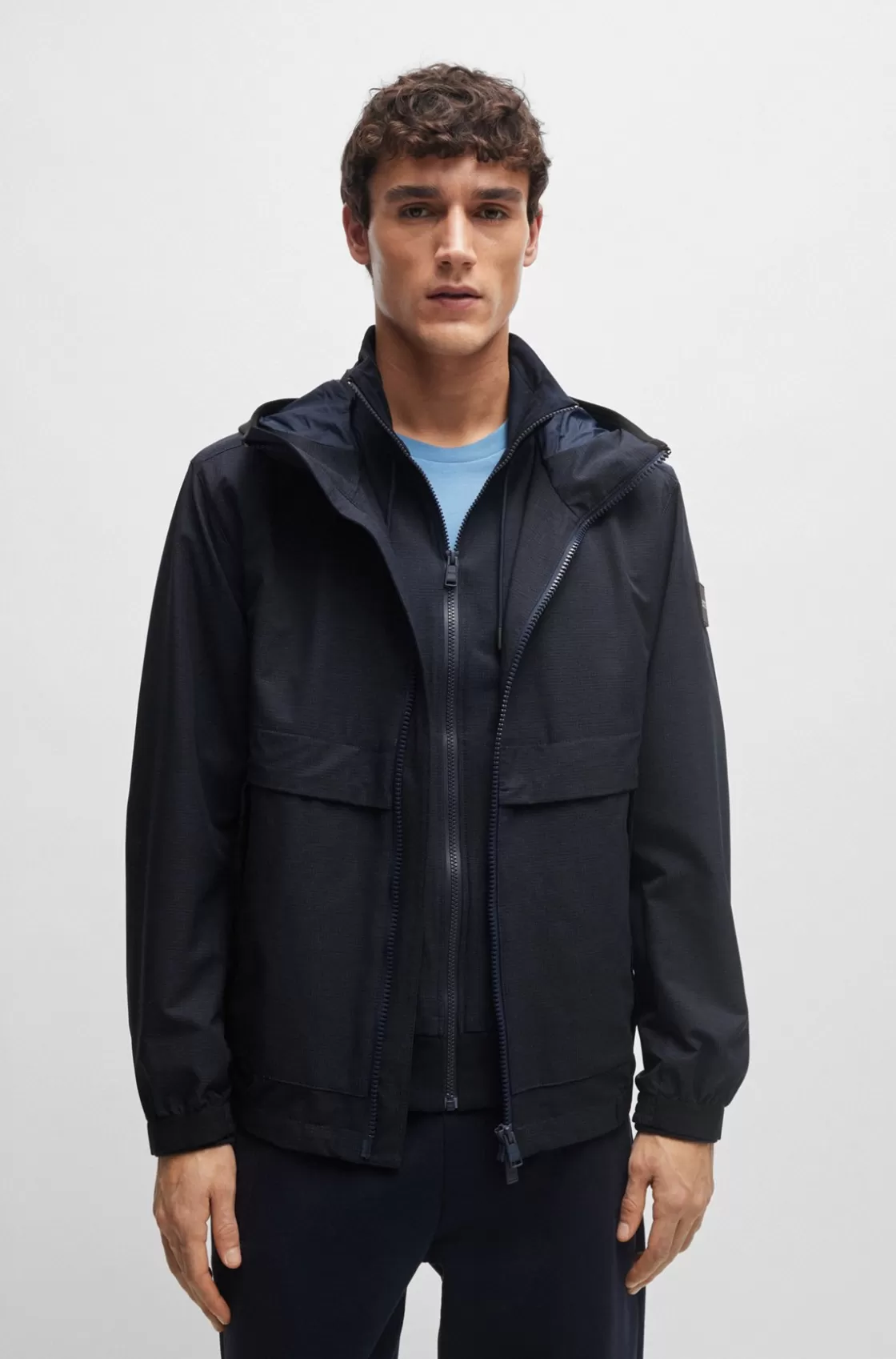 HUGO BOSS Regular-fit Hooded Jacket In Air-mesh Stretch Fabric Dark Blue Online