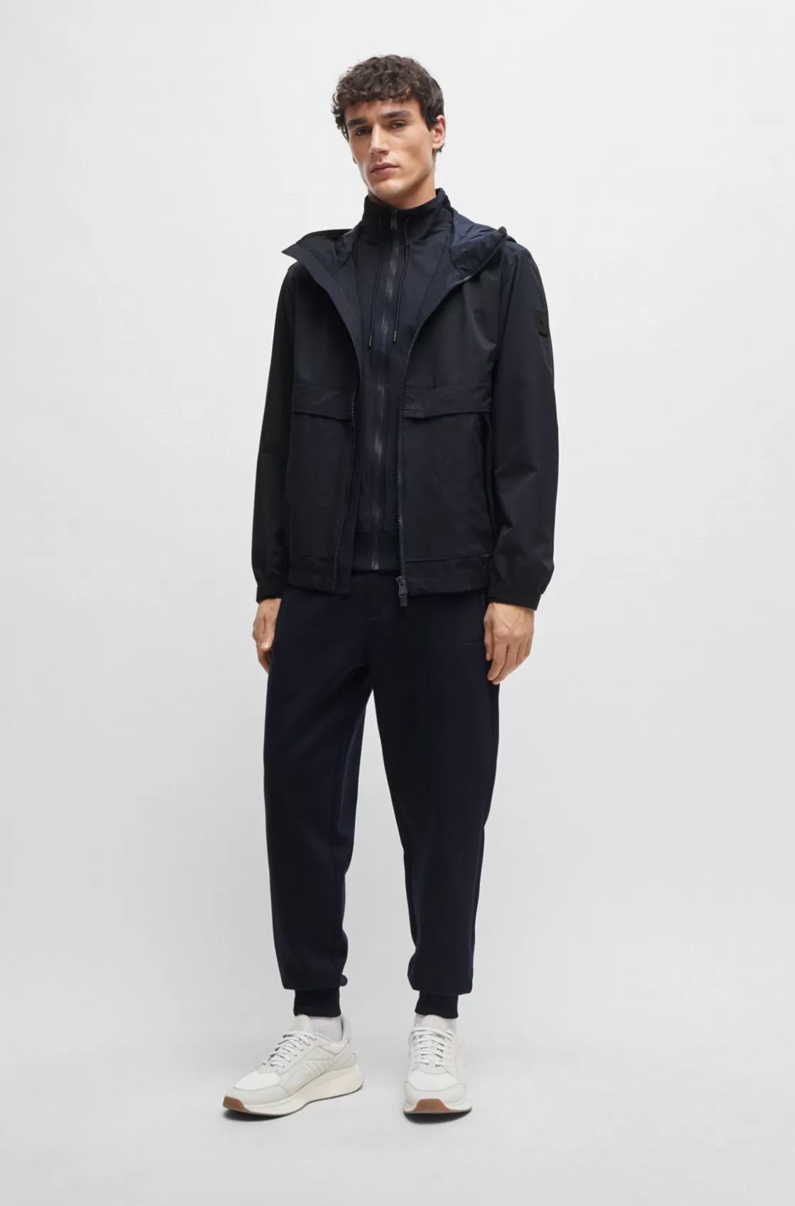 HUGO BOSS Regular-fit Hooded Jacket In Air-mesh Stretch Fabric Dark Blue Online
