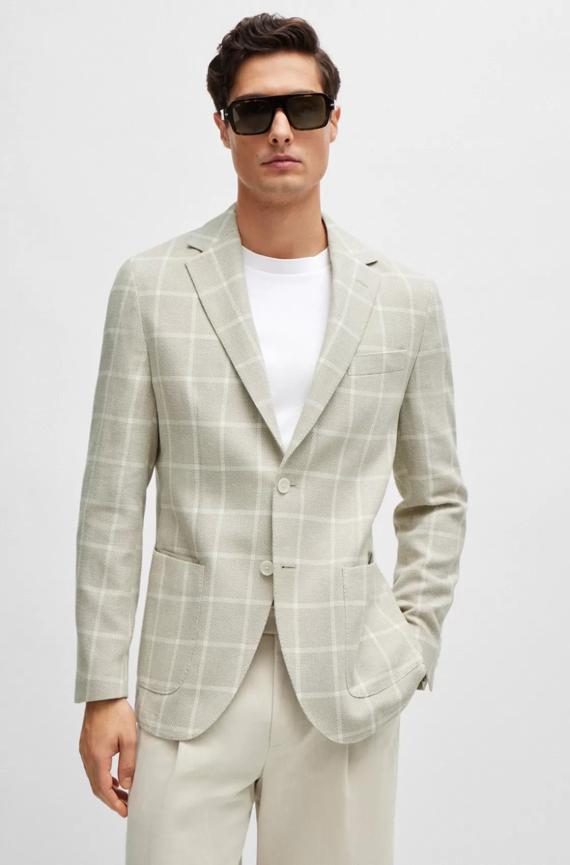 HUGO BOSS Regular-fit Jacket In A Checked Cotton Blend White Fashion