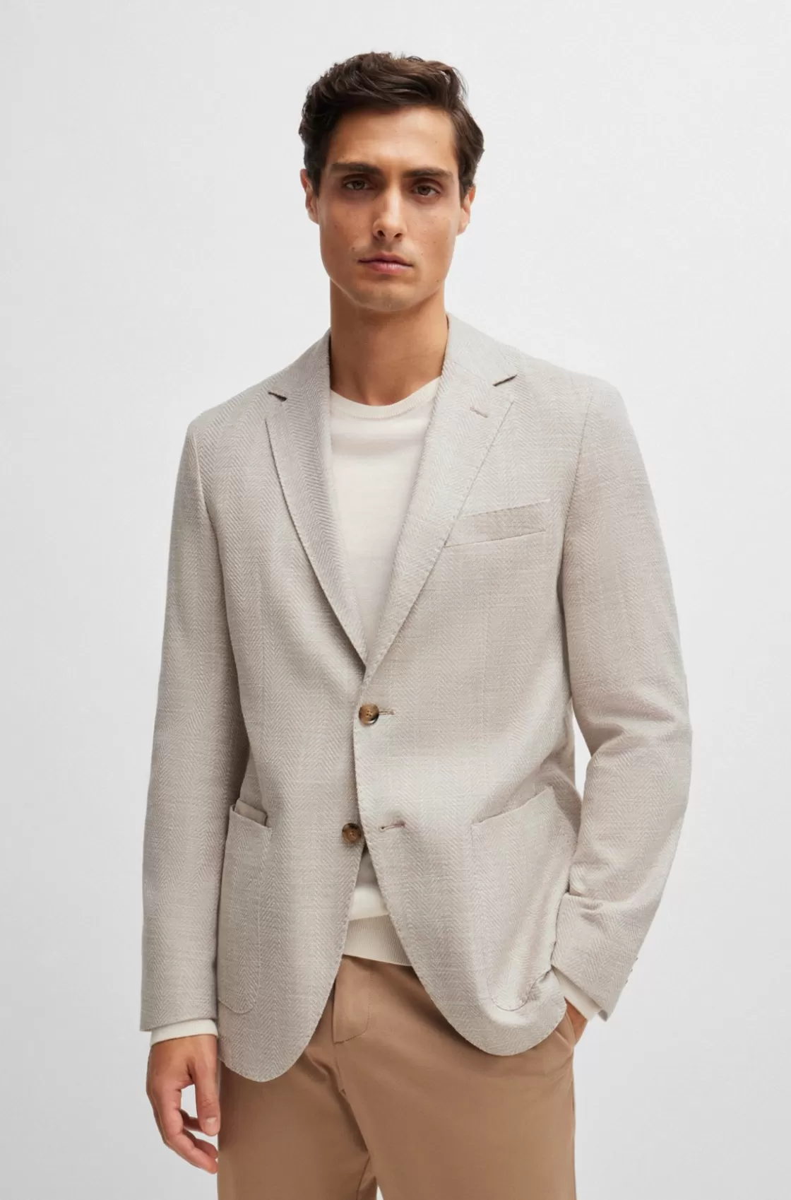 HUGO BOSS Regular-fit Jacket In A Herringbone Stretch-cotton Blend Light Beige Hot