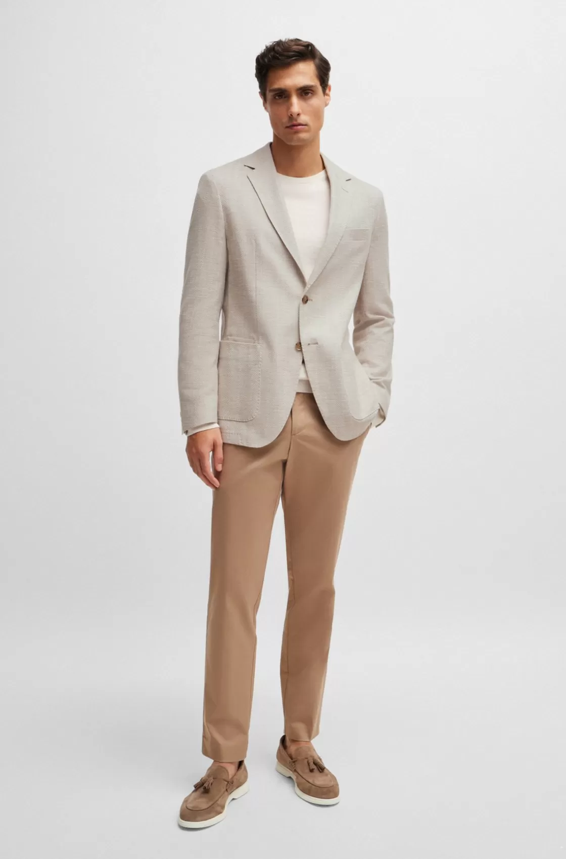 HUGO BOSS Regular-fit Jacket In A Herringbone Stretch-cotton Blend Light Beige Hot