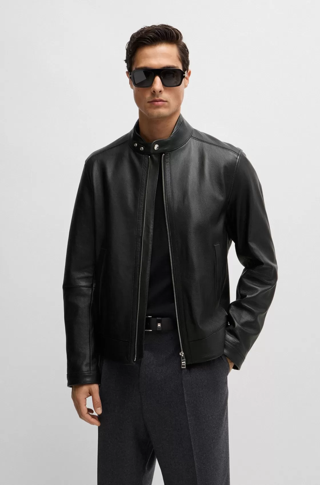 HUGO BOSS Regular-fit Jacket In Grained Leather Black Online
