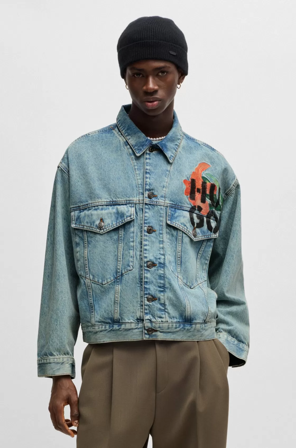 HUGO BOSS Regular-fit Jacket In Rigid Denim With Logo Prints Turquoise Shop