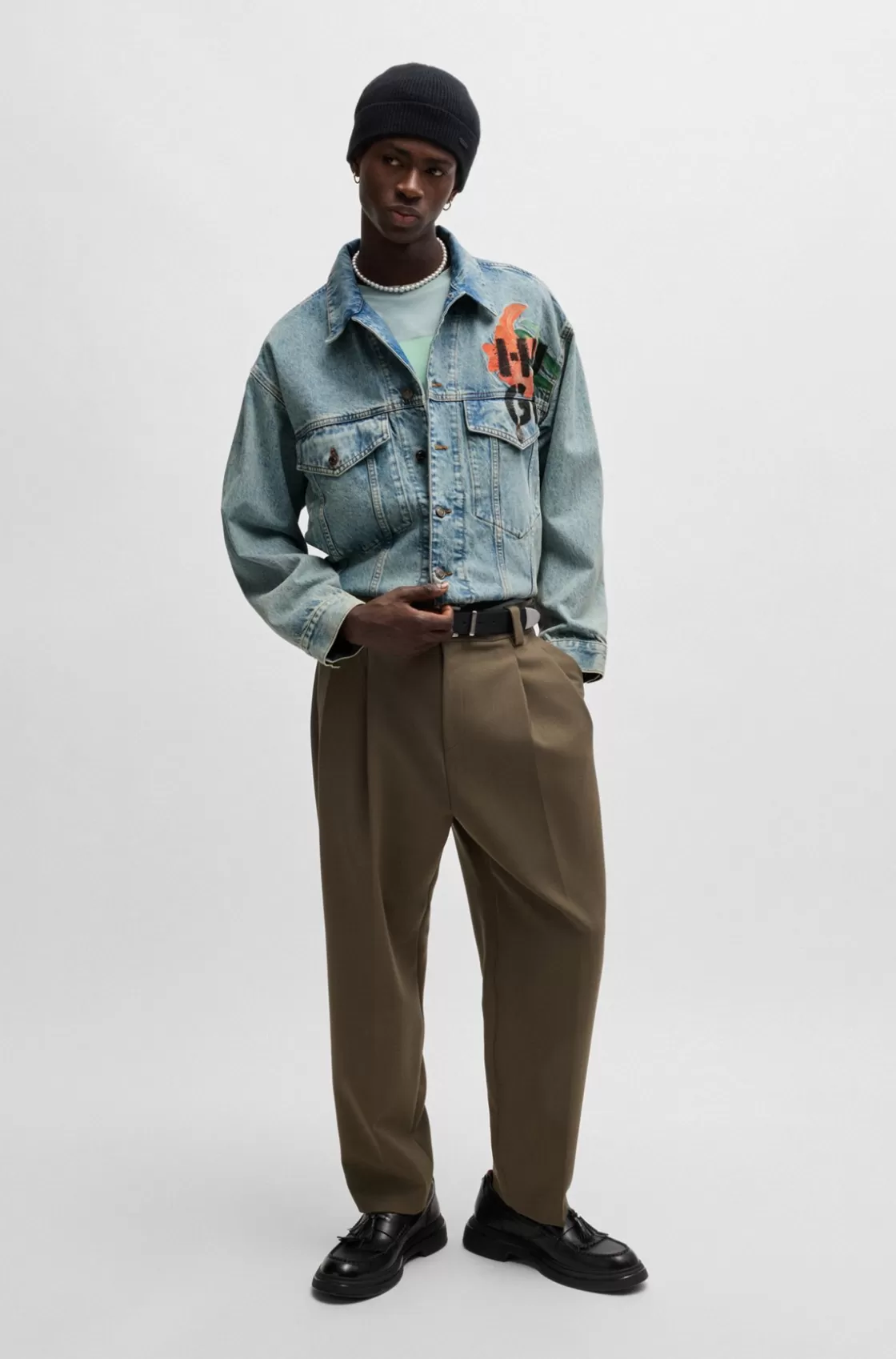 HUGO BOSS Regular-fit Jacket In Rigid Denim With Logo Prints Turquoise Shop