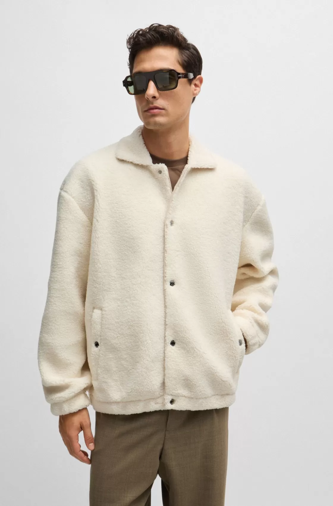 HUGO BOSS Regular-fit Jacket In Teddy Fabric White New