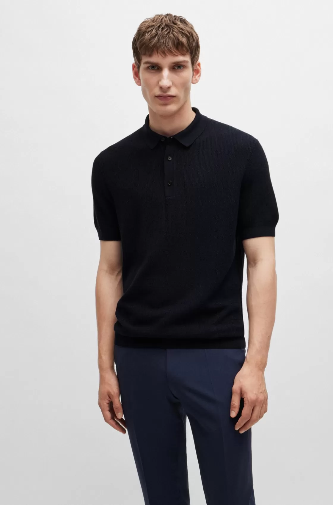 HUGO BOSS Regular-fit Knit Polo With Mixed Structures Dark Blue Discount
