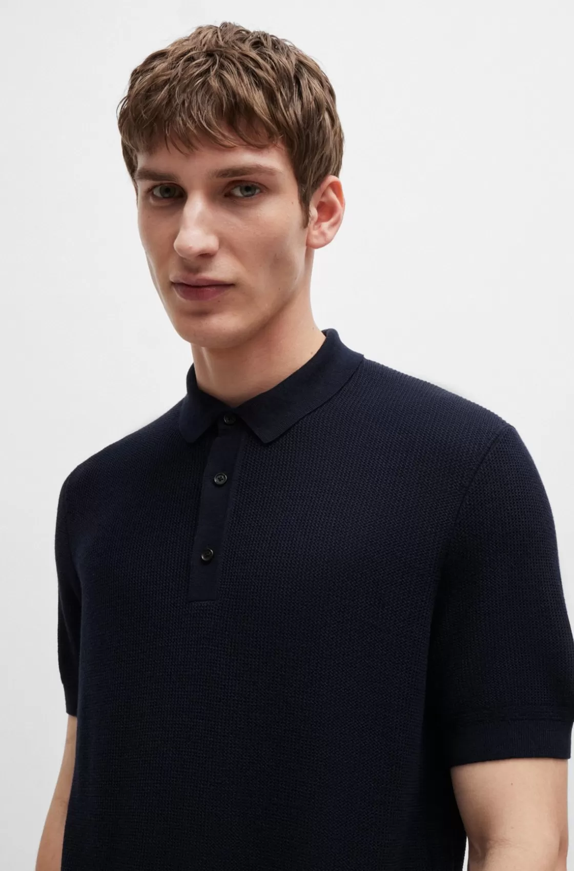 HUGO BOSS Regular-fit Knit Polo With Mixed Structures Dark Blue Discount