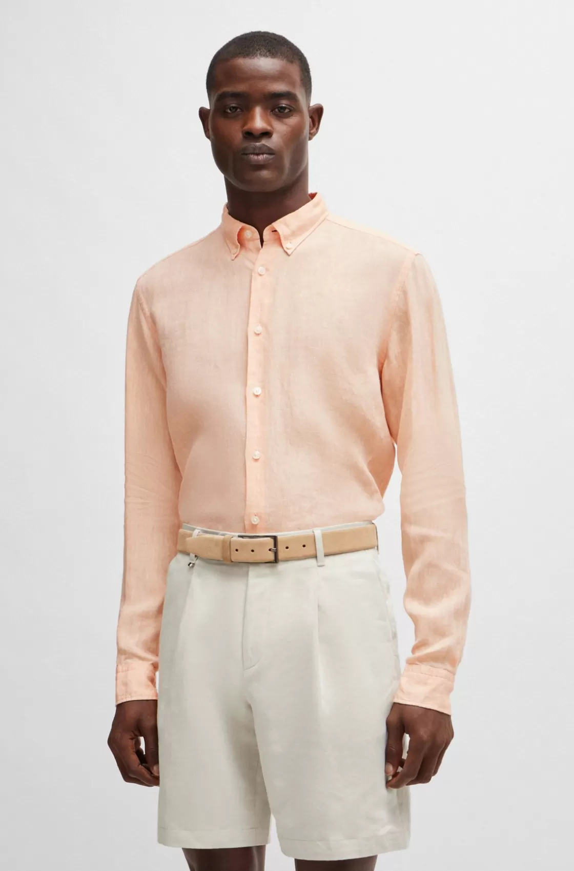 HUGO BOSS Regular-fit Linen Shirt With Button-down Collar Orange New