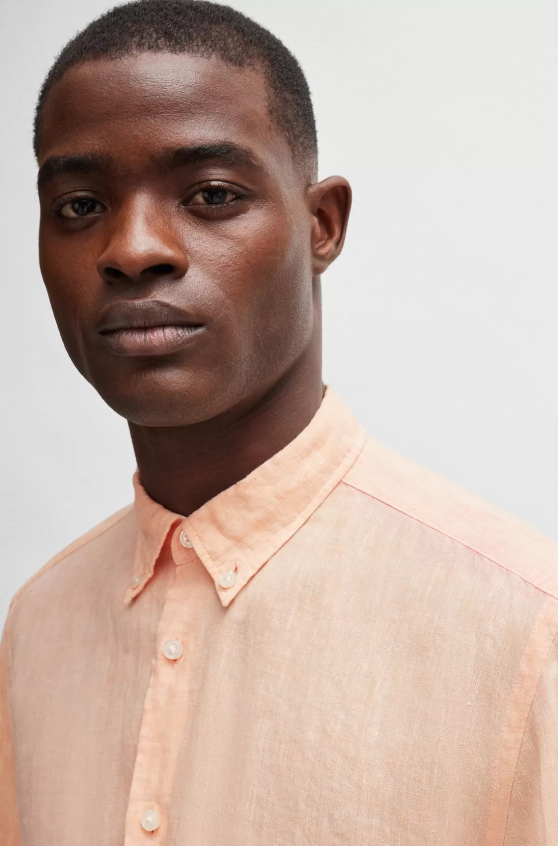HUGO BOSS Regular-fit Linen Shirt With Button-down Collar Orange New