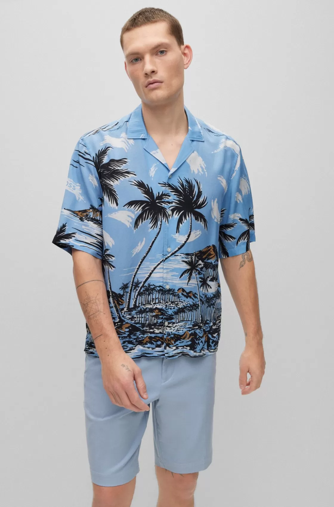 HUGO BOSS Regular-fit Shirt In Hawaiian-print Twill Light Blue Discount