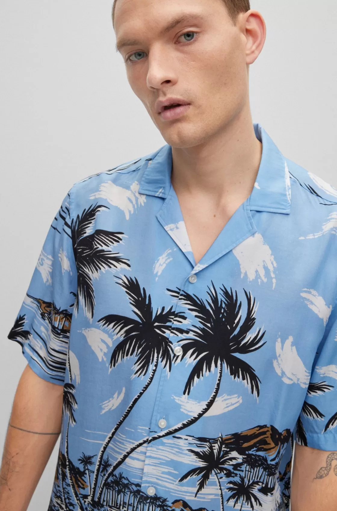 HUGO BOSS Regular-fit Shirt In Hawaiian-print Twill Light Blue Discount