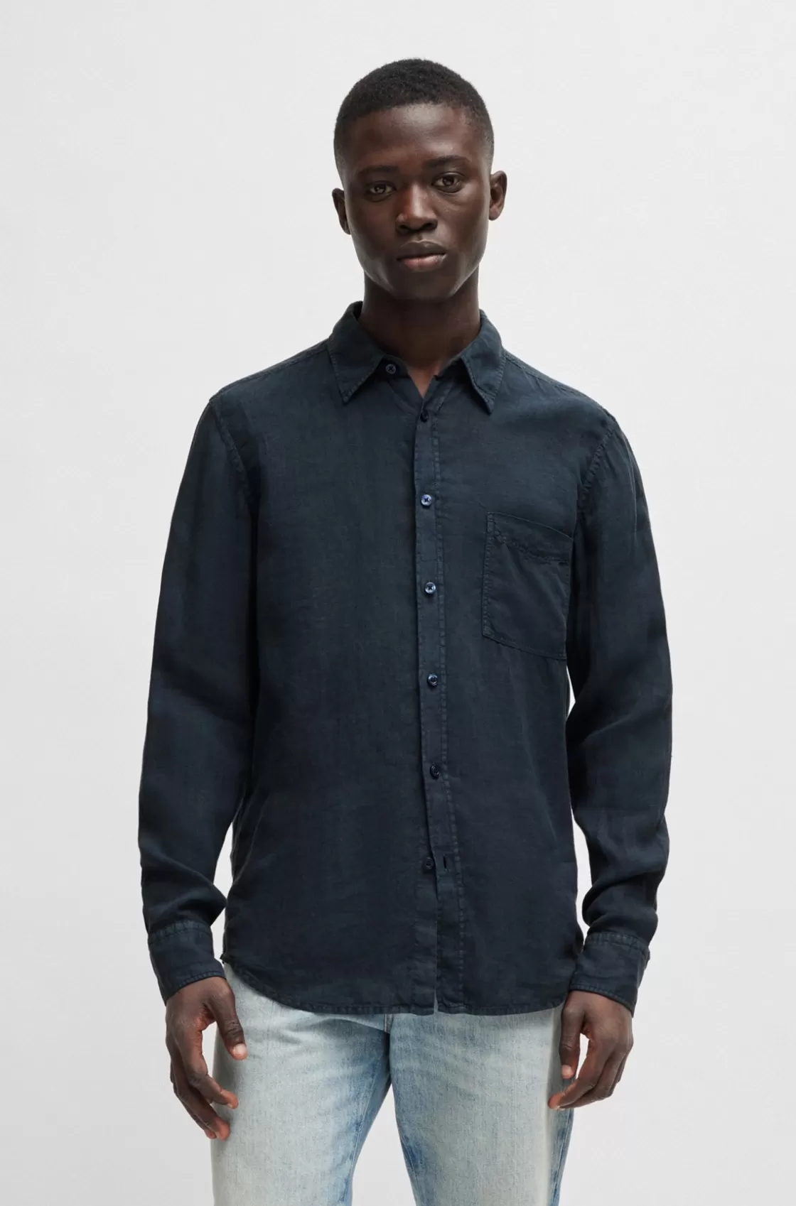 HUGO BOSS Regular-fit Shirt In Linen Canvas With Barrel Cuffs Dark Blue Fashion