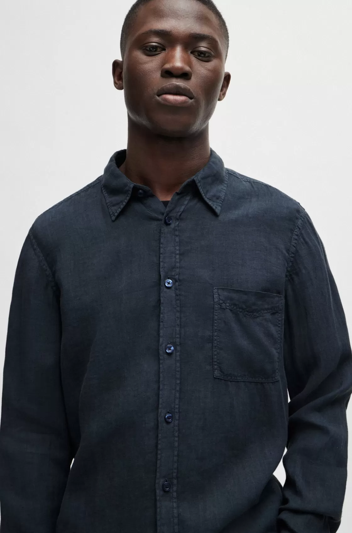 HUGO BOSS Regular-fit Shirt In Linen Canvas With Barrel Cuffs Dark Blue Fashion