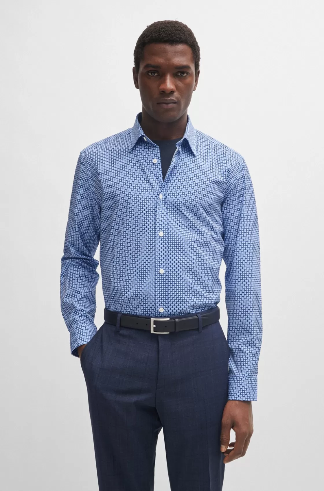HUGO BOSS Regular-fit Shirt In Printed Performance-stretch Fabric Dark Blue Store