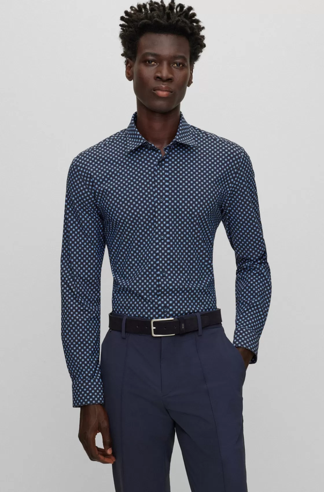 HUGO BOSS Regular-fit Shirt In Printed Performance-stretch Fabric Dark Blue Flash Sale