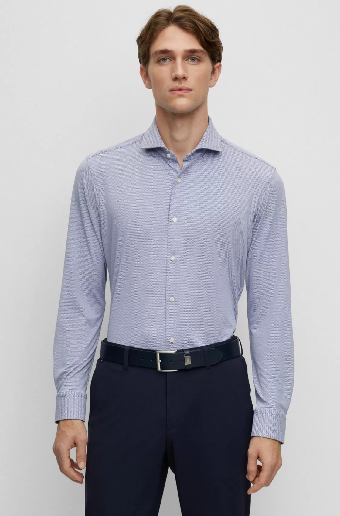 HUGO BOSS Regular-fit Shirt In Structured Performance-stretch Fabric Light Blue New