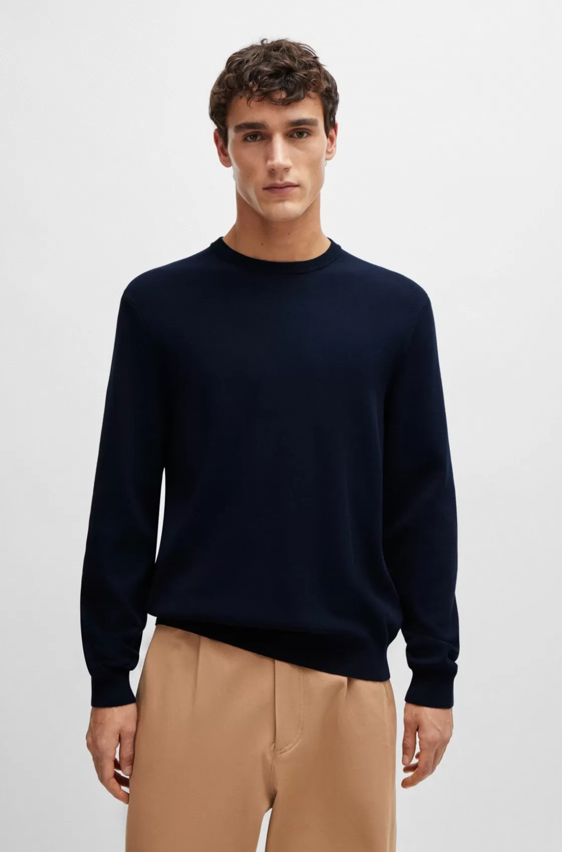 HUGO BOSS Regular-fit Sweater In 100% Cotton With Ribbed Cuffs Dark Blue Store