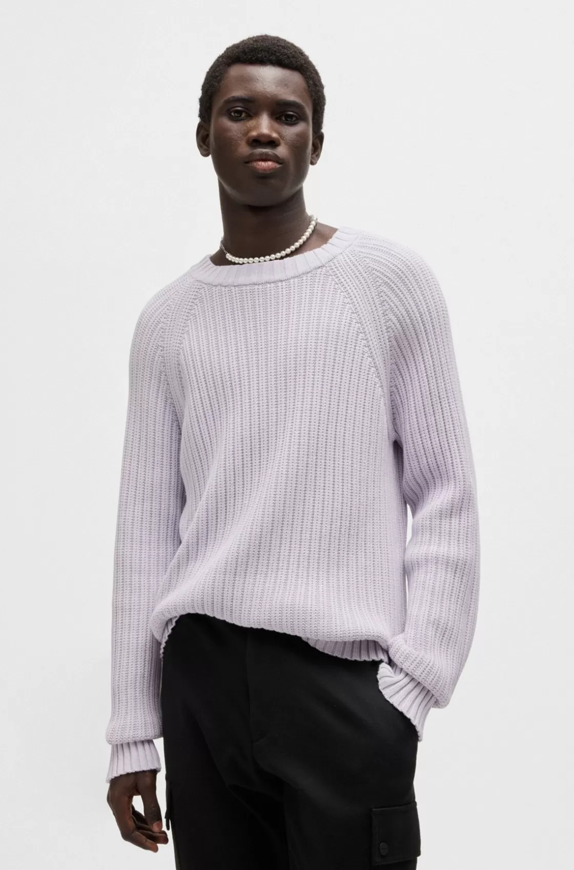 HUGO BOSS Regular-fit Sweater In Ribbed Cotton Light Purple Hot
