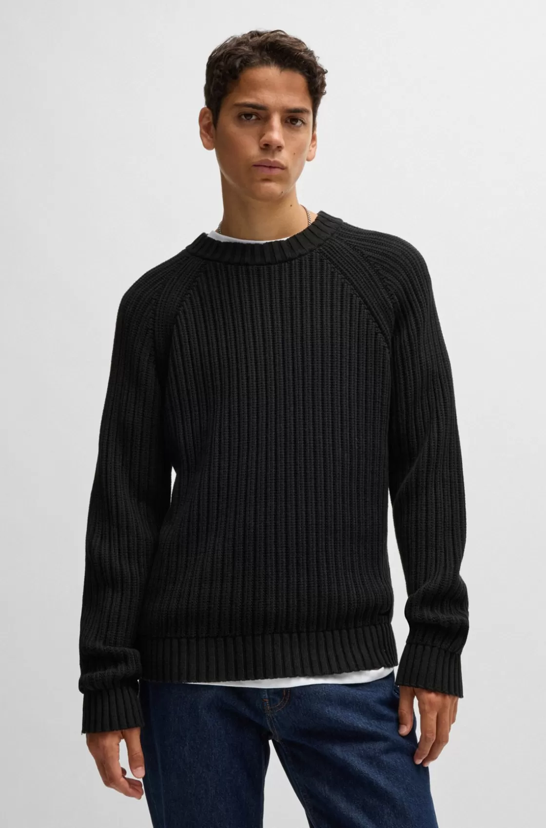 HUGO BOSS Regular-fit Sweater In Ribbed Cotton Black New