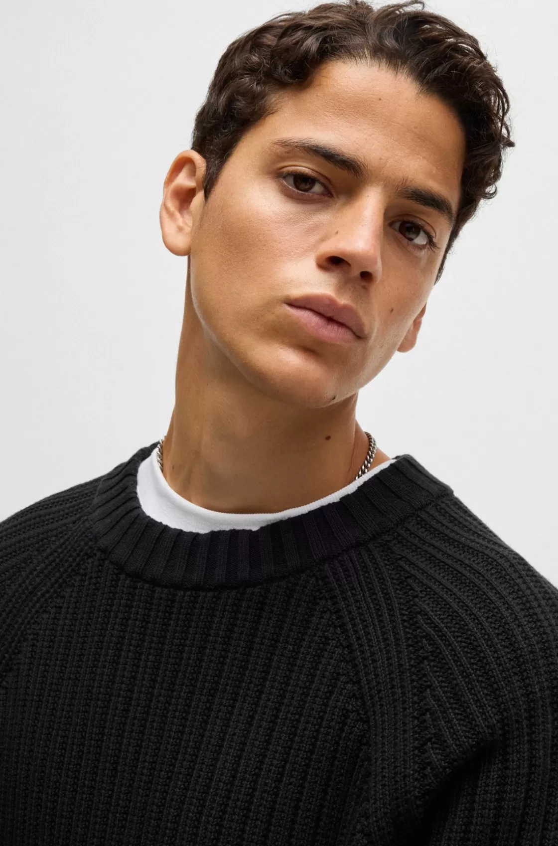 HUGO BOSS Regular-fit Sweater In Ribbed Cotton Black New