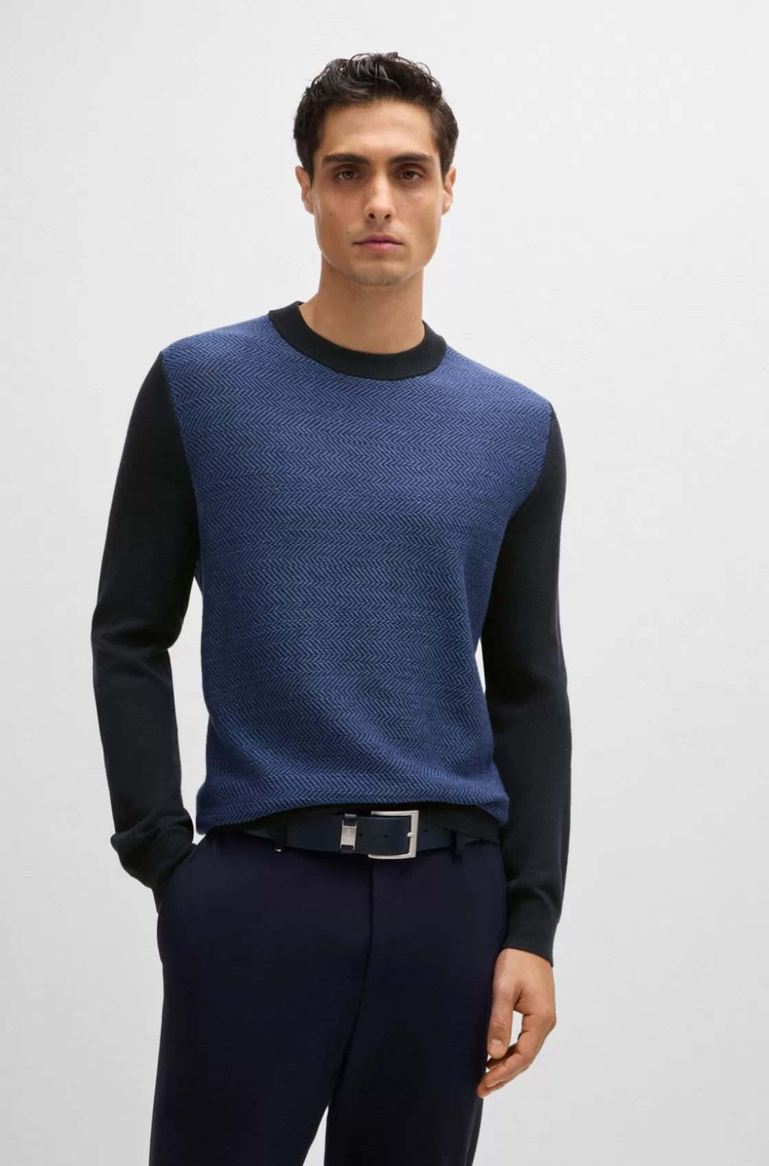 HUGO BOSS Regular-fit Sweater With Herringbone Structure Dark Blue Best