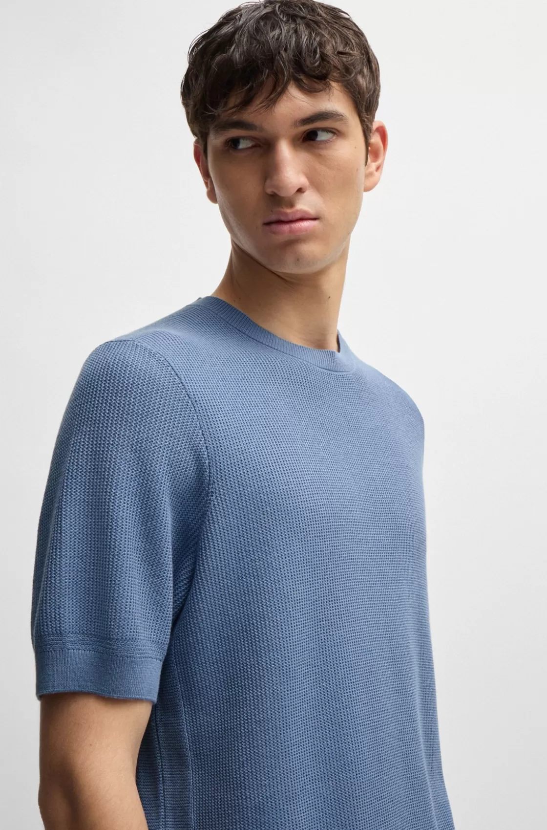 HUGO BOSS Regular-fit Sweater With Short Sleeves And Logo Flag Light Blue Sale