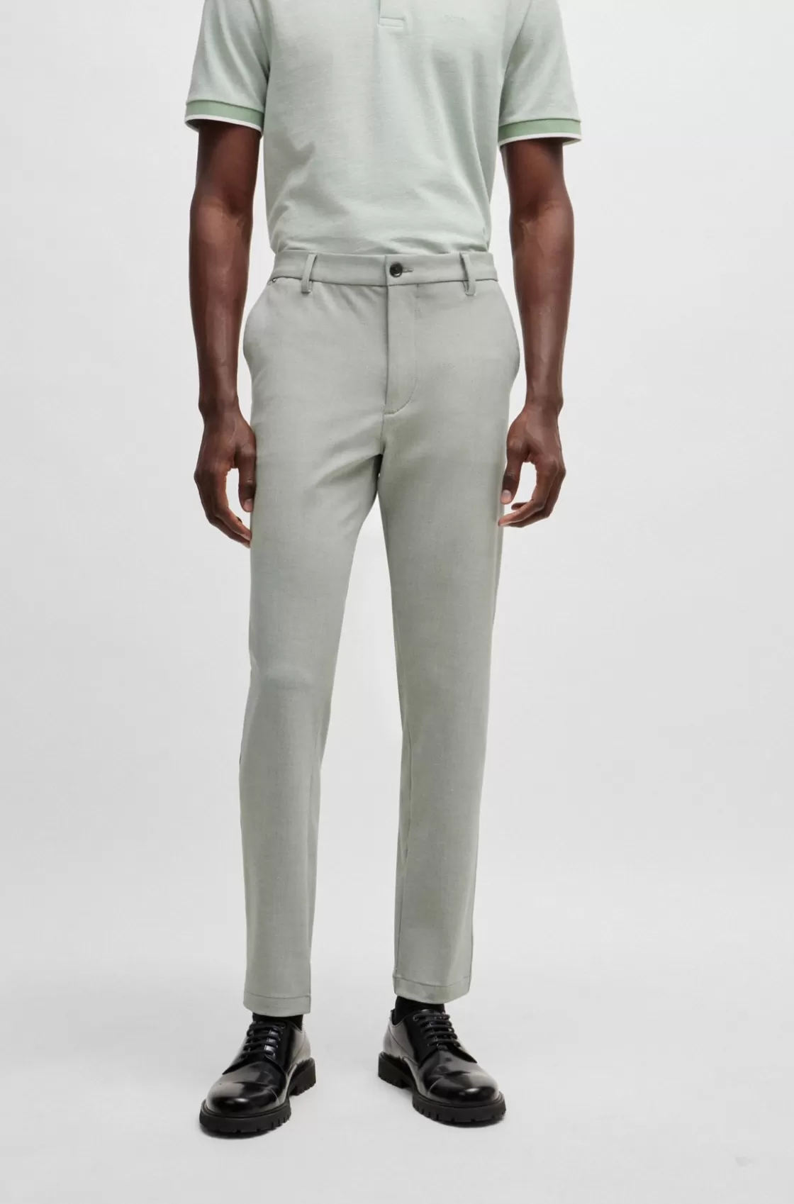 HUGO BOSS Regular-fit Trousers In Melange Stretch Panama Light Green New