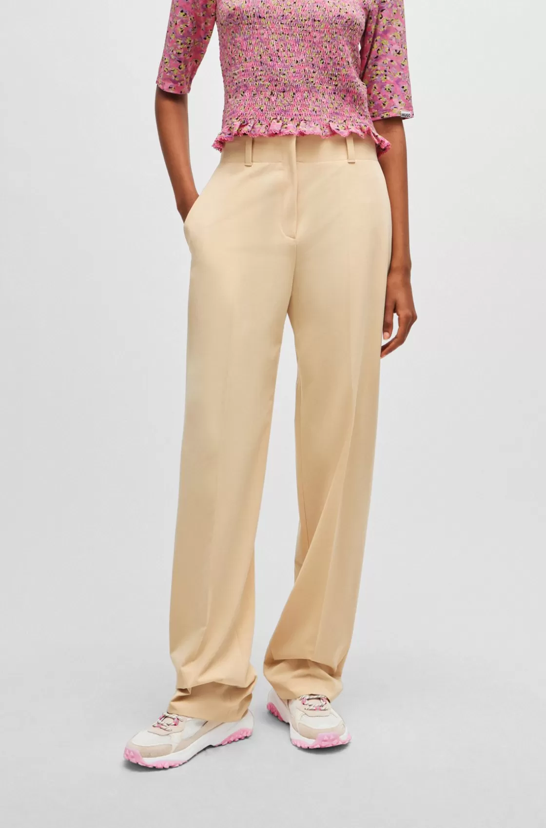HUGO BOSS Regular-fit Trousers In Stretch Fabric With Wide Leg Light Beige New