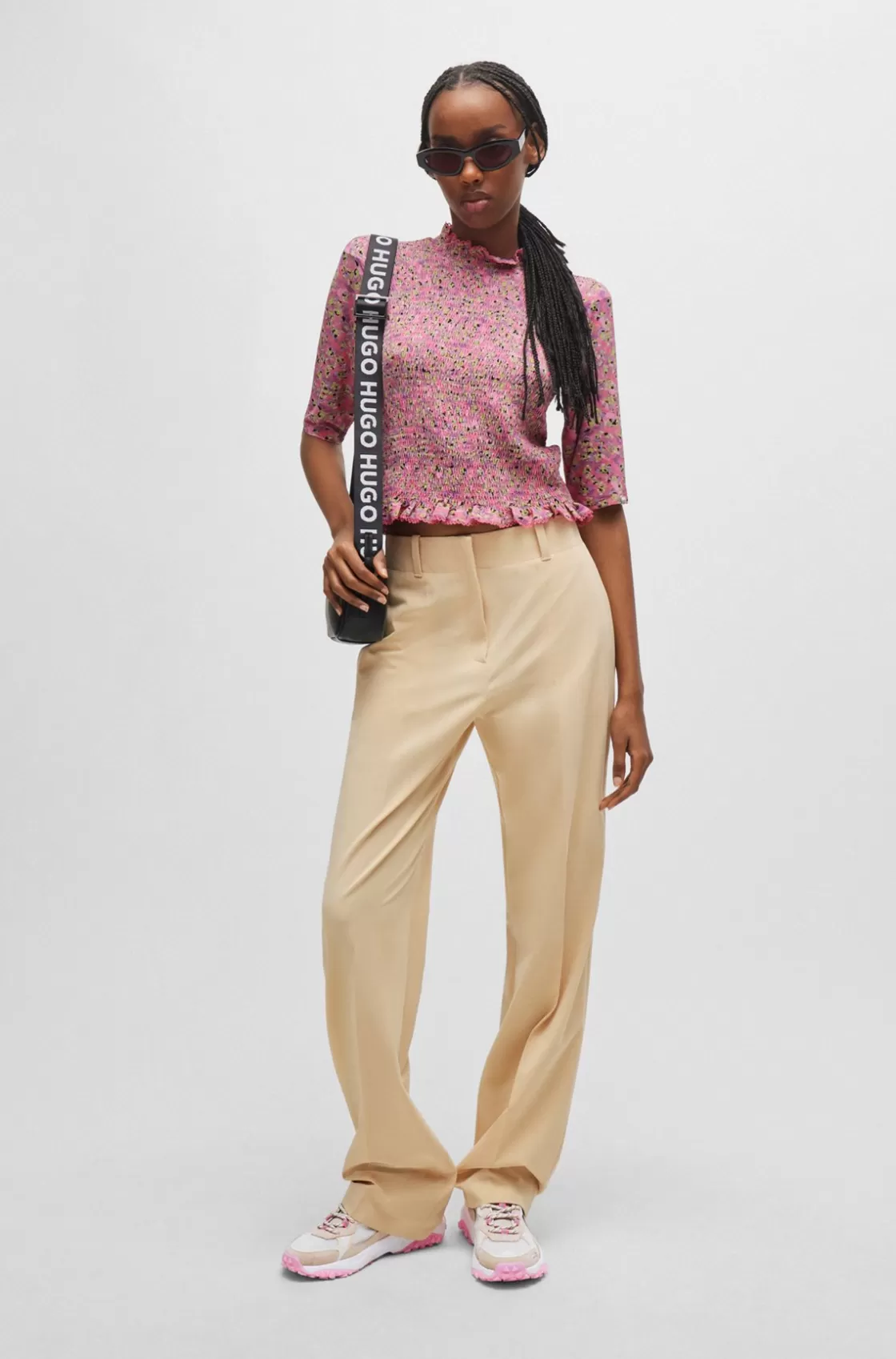 HUGO BOSS Regular-fit Trousers In Stretch Fabric With Wide Leg Light Beige New