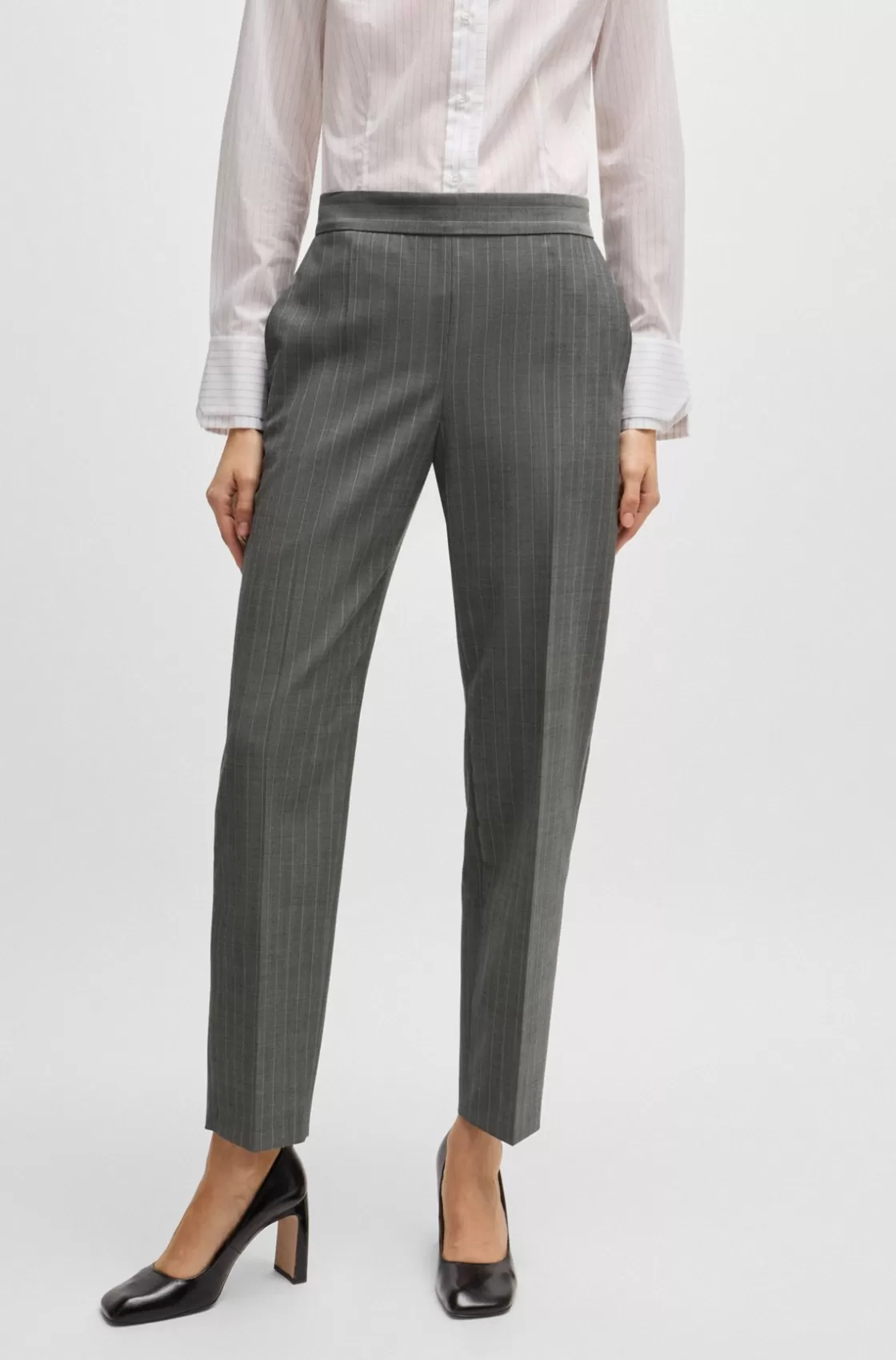 HUGO BOSS Regular-fit Trousers In Striped Wool Patterned New