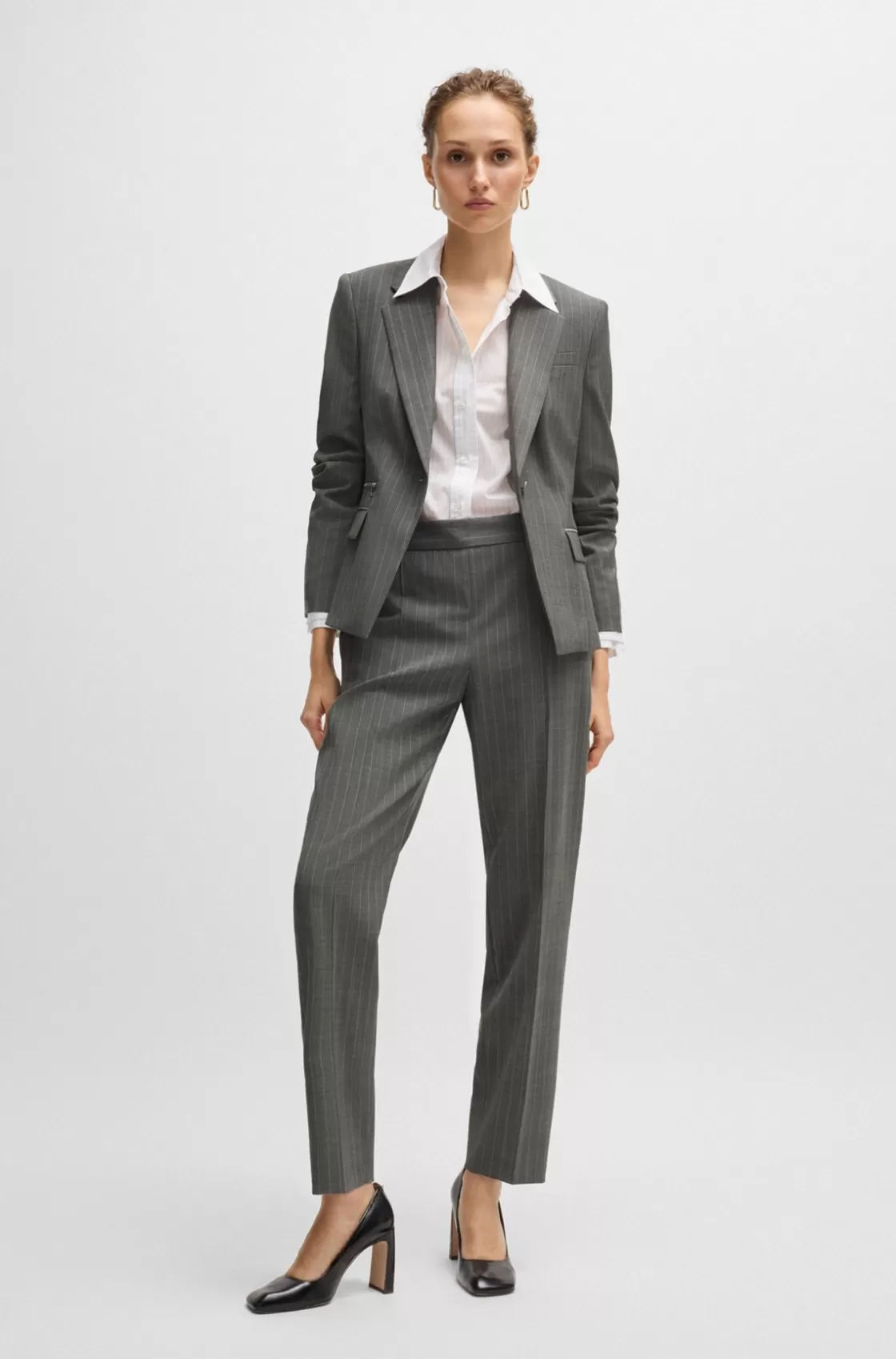 HUGO BOSS Regular-fit Trousers In Striped Wool Patterned New