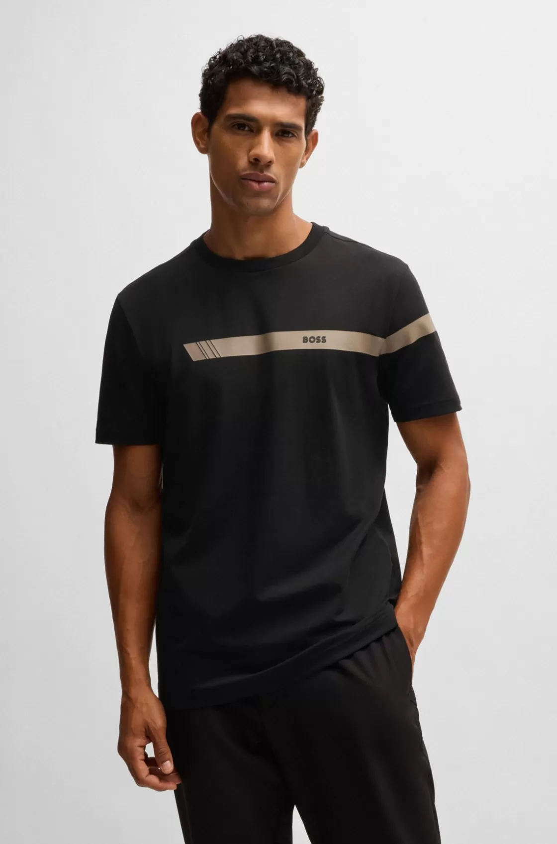HUGO BOSS Regular-fit T-shirt In Stretch Cotton With Logo Stripe Black Cheap