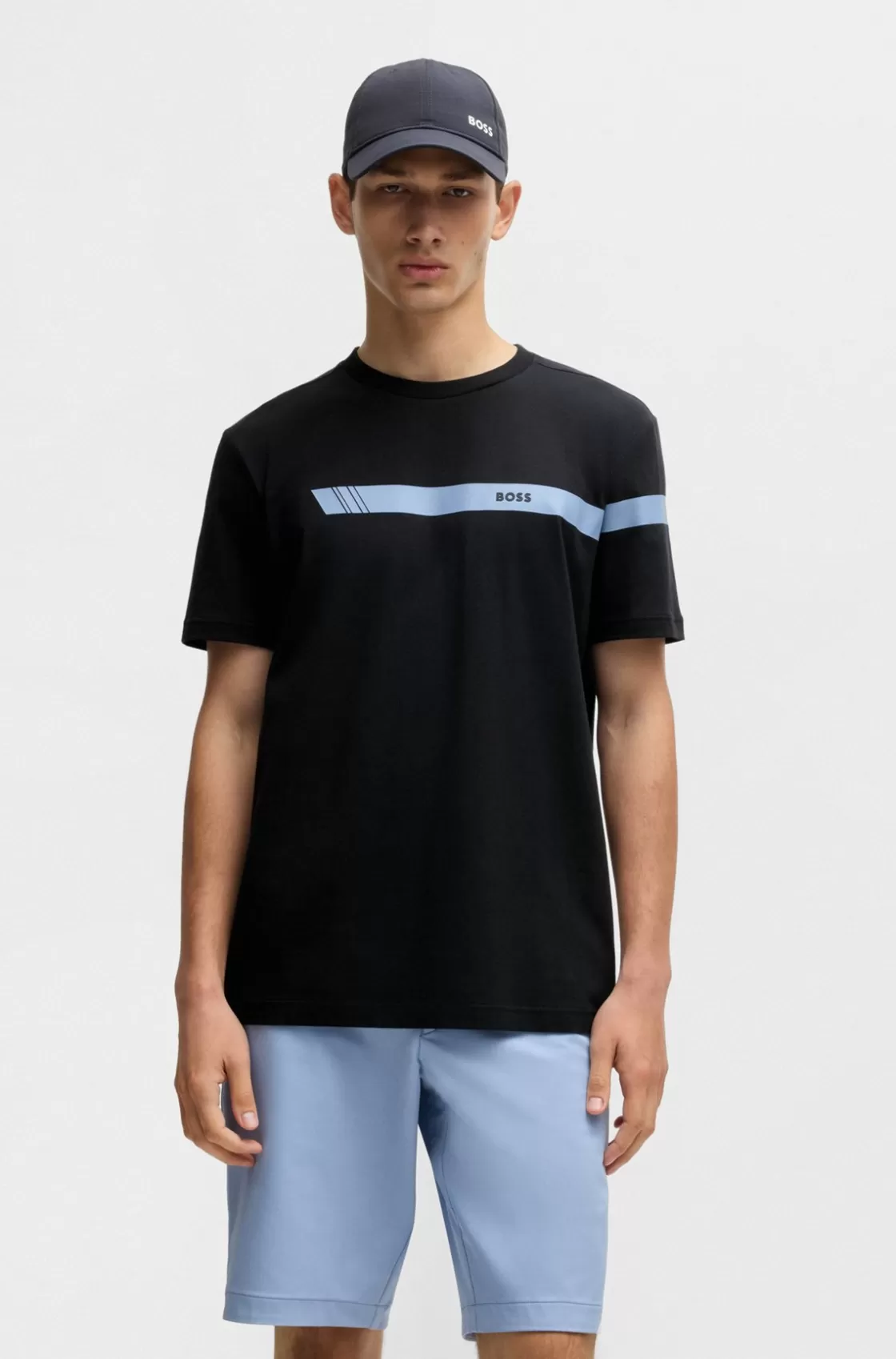 HUGO BOSS Regular-fit T-shirt In Stretch Cotton With Logo Stripe Dark Blue New