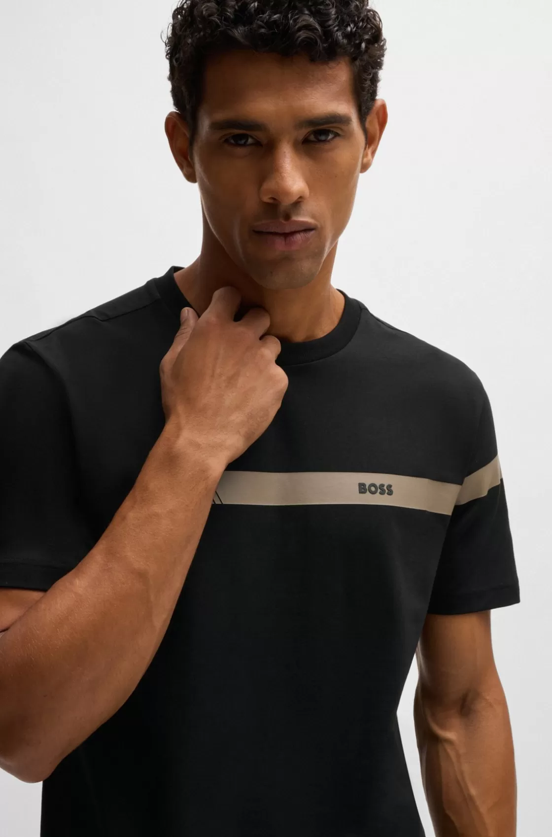 HUGO BOSS Regular-fit T-shirt In Stretch Cotton With Logo Stripe Black Cheap