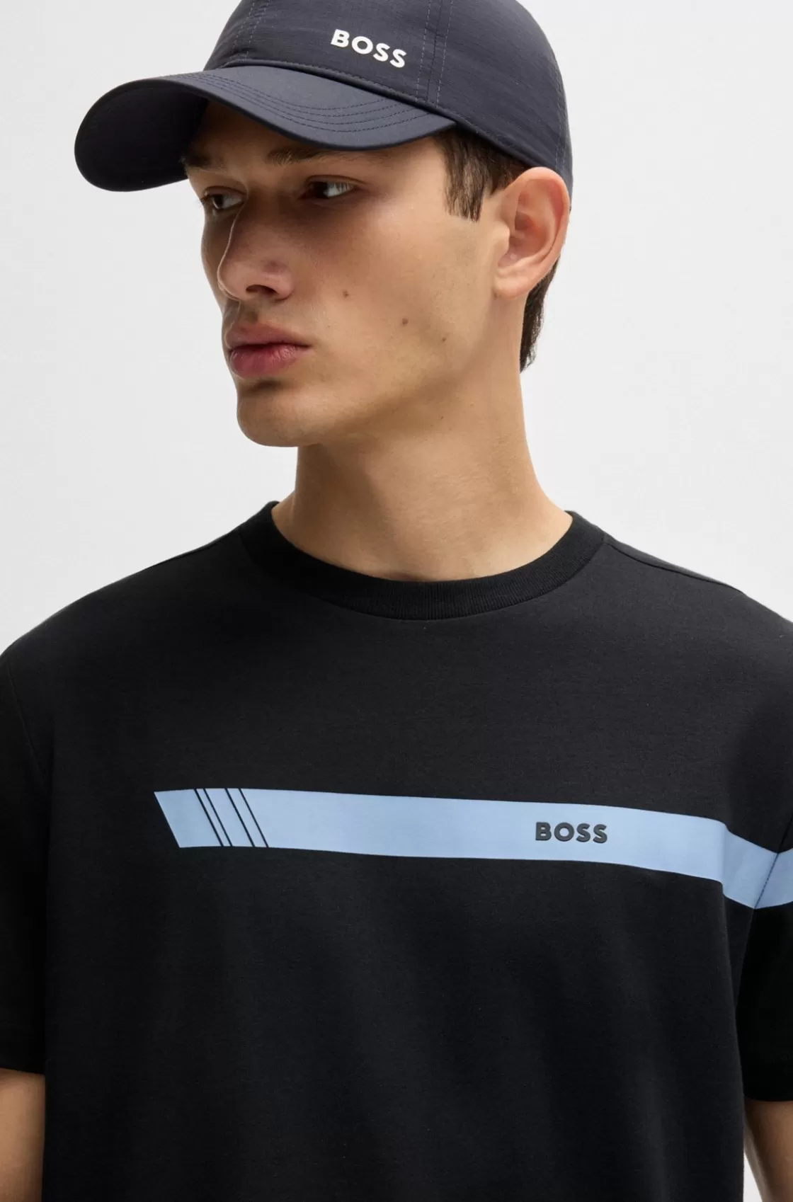 HUGO BOSS Regular-fit T-shirt In Stretch Cotton With Logo Stripe Dark Blue New