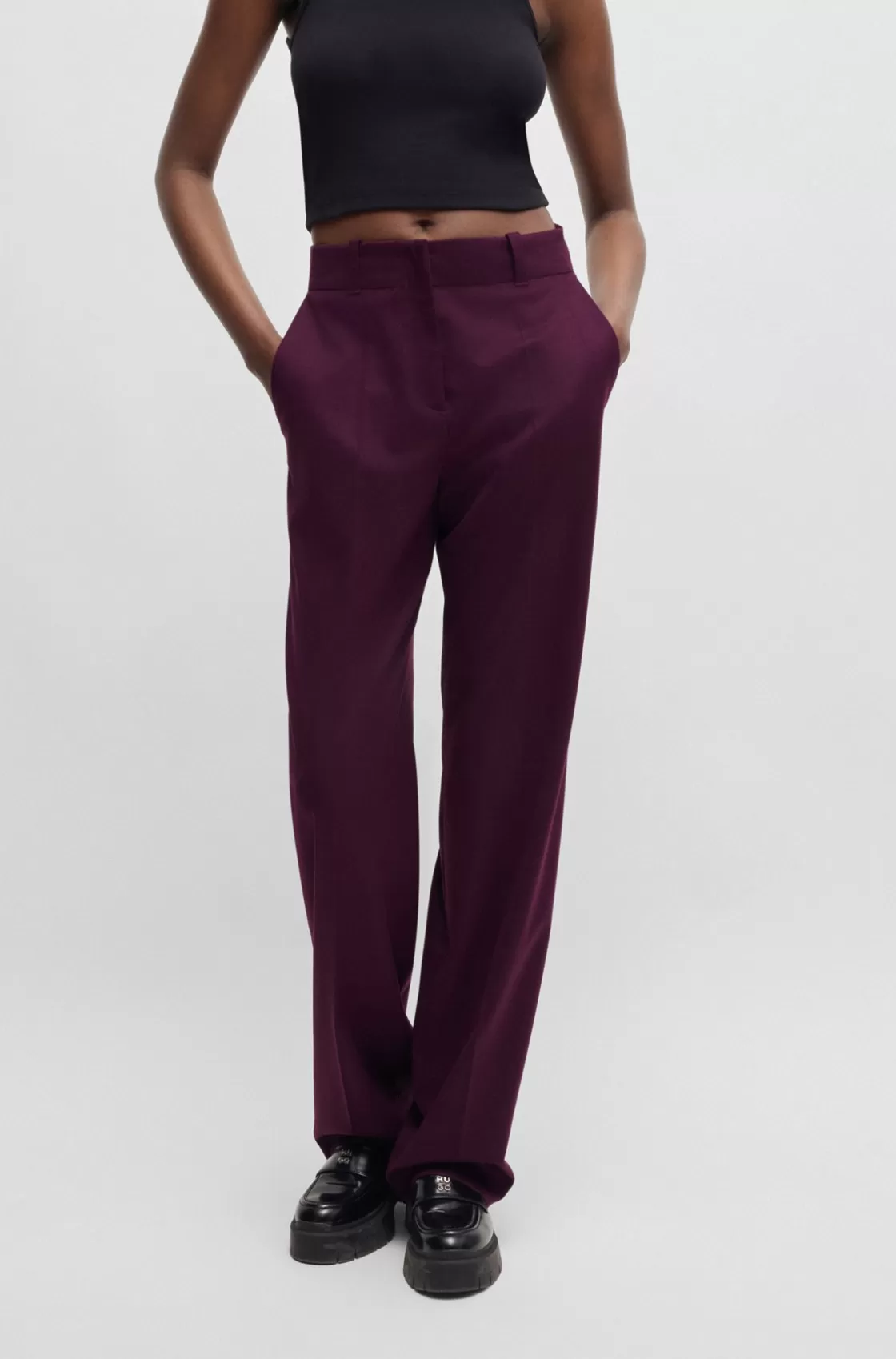 HUGO BOSS Regular-fit Wide-leg Trousers In Melange Flannel Purple Cheap