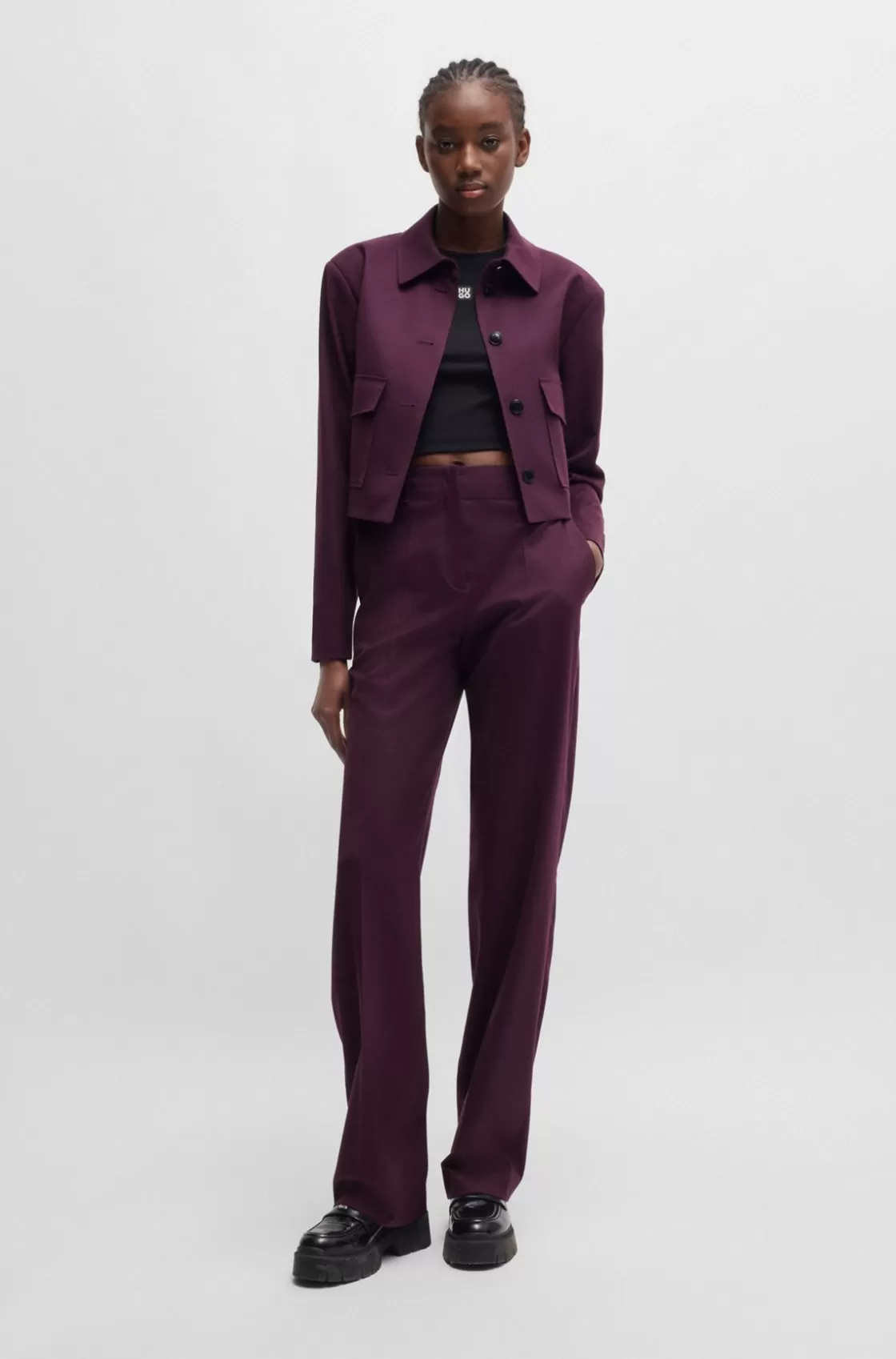 HUGO BOSS Regular-fit Wide-leg Trousers In Melange Flannel Purple Cheap