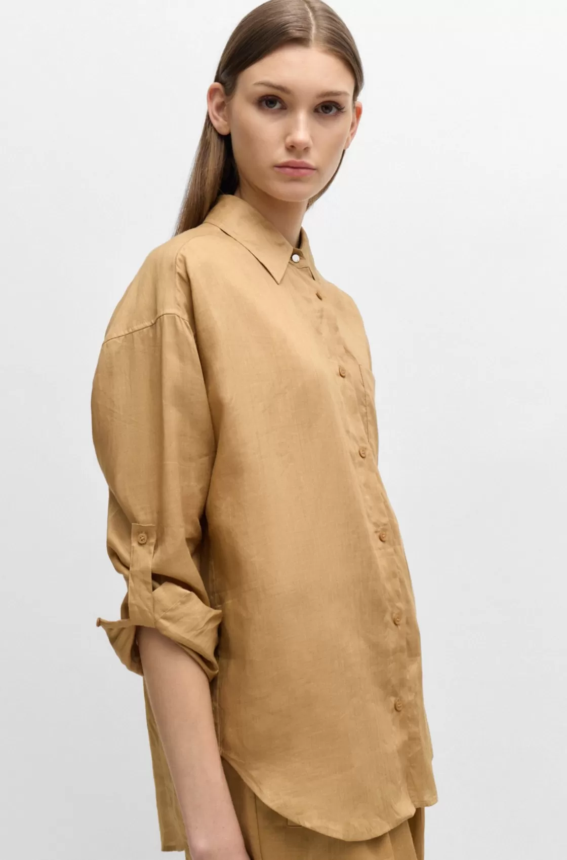 HUGO BOSS Relaxed-fit Blouse In Ramie Canvas With Point Collar Light Brown Sale