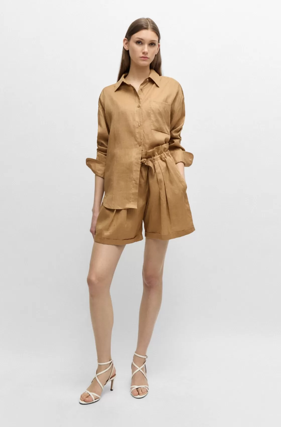 HUGO BOSS Relaxed-fit Blouse In Ramie Canvas With Point Collar Light Brown Sale