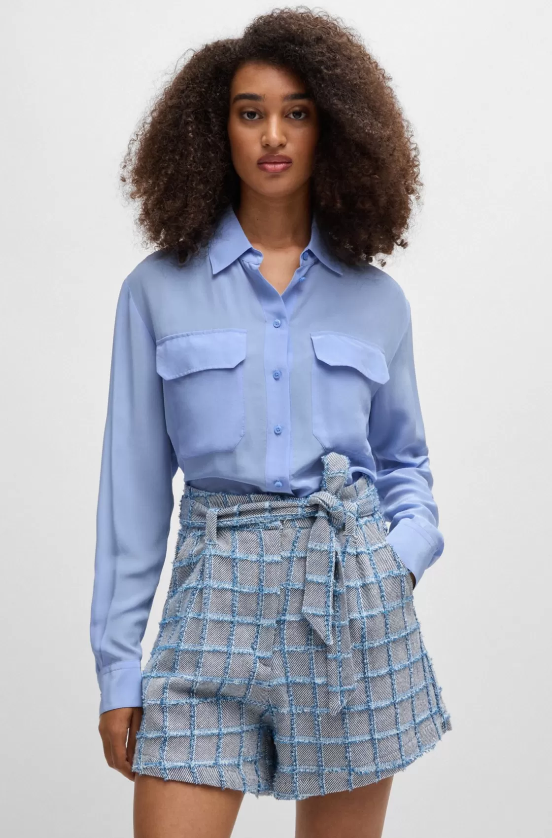 HUGO BOSS Relaxed-fit Blouse In Sandwashed Canvas With Point Collar Blue Clearance