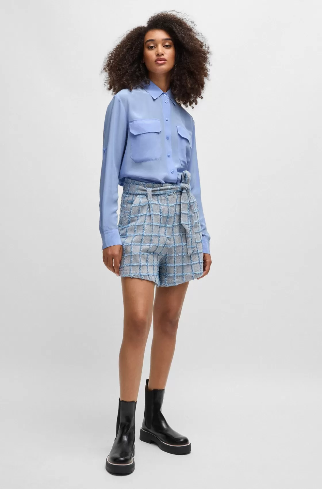 HUGO BOSS Relaxed-fit Blouse In Sandwashed Canvas With Point Collar Blue Clearance
