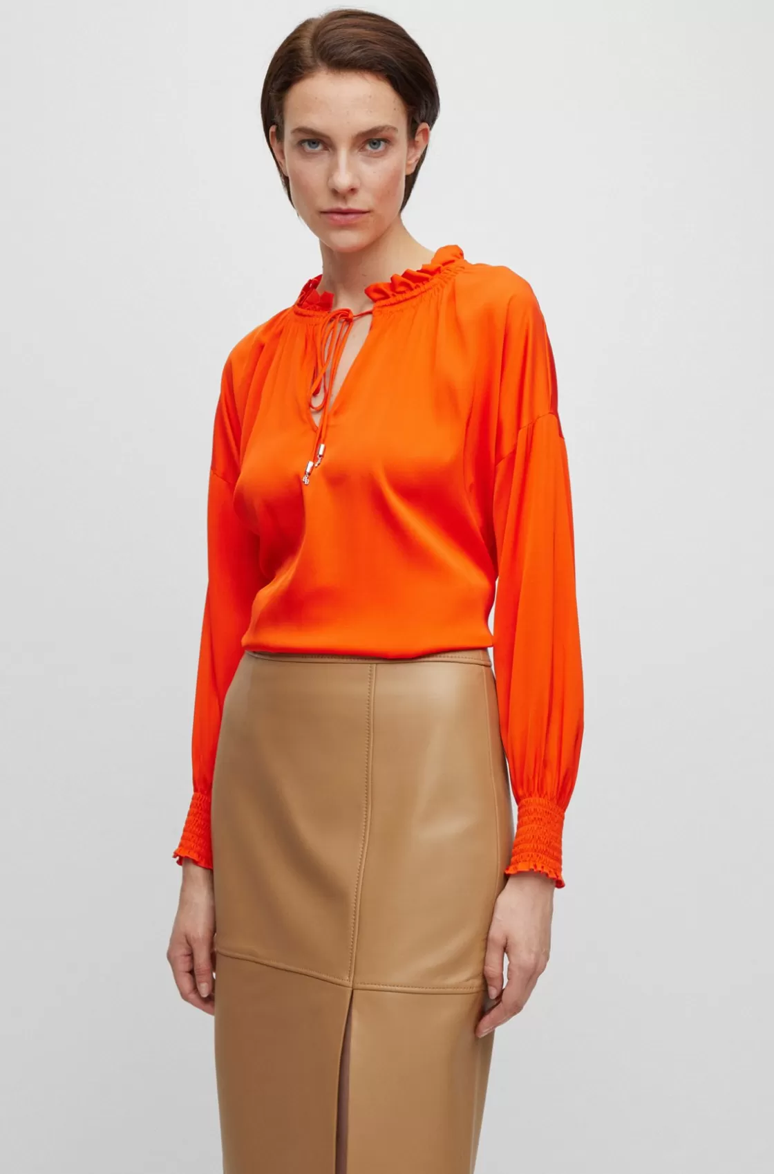 HUGO BOSS Relaxed-fit Blouse In Stretch Silk With Tie Front Orange Discount