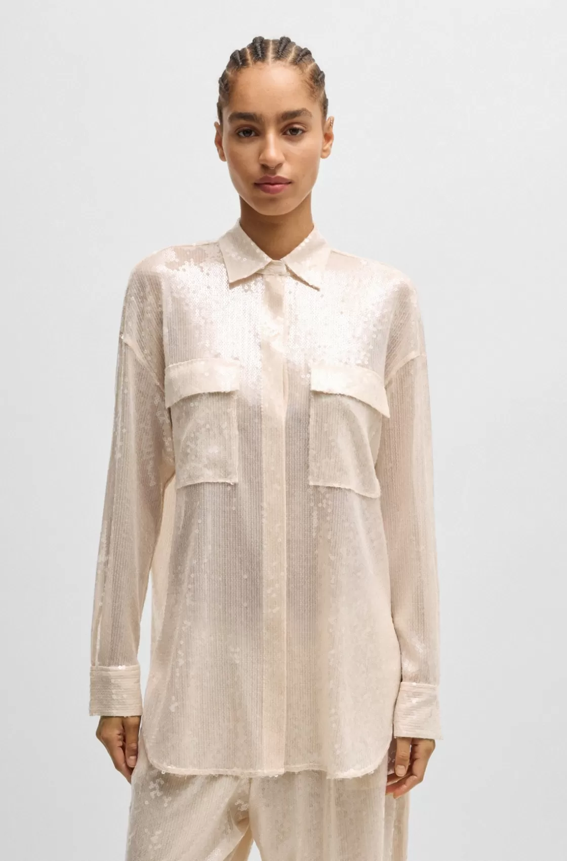 HUGO BOSS Relaxed-fit Blouse With Sequins And Point Collar Light Orange Hot