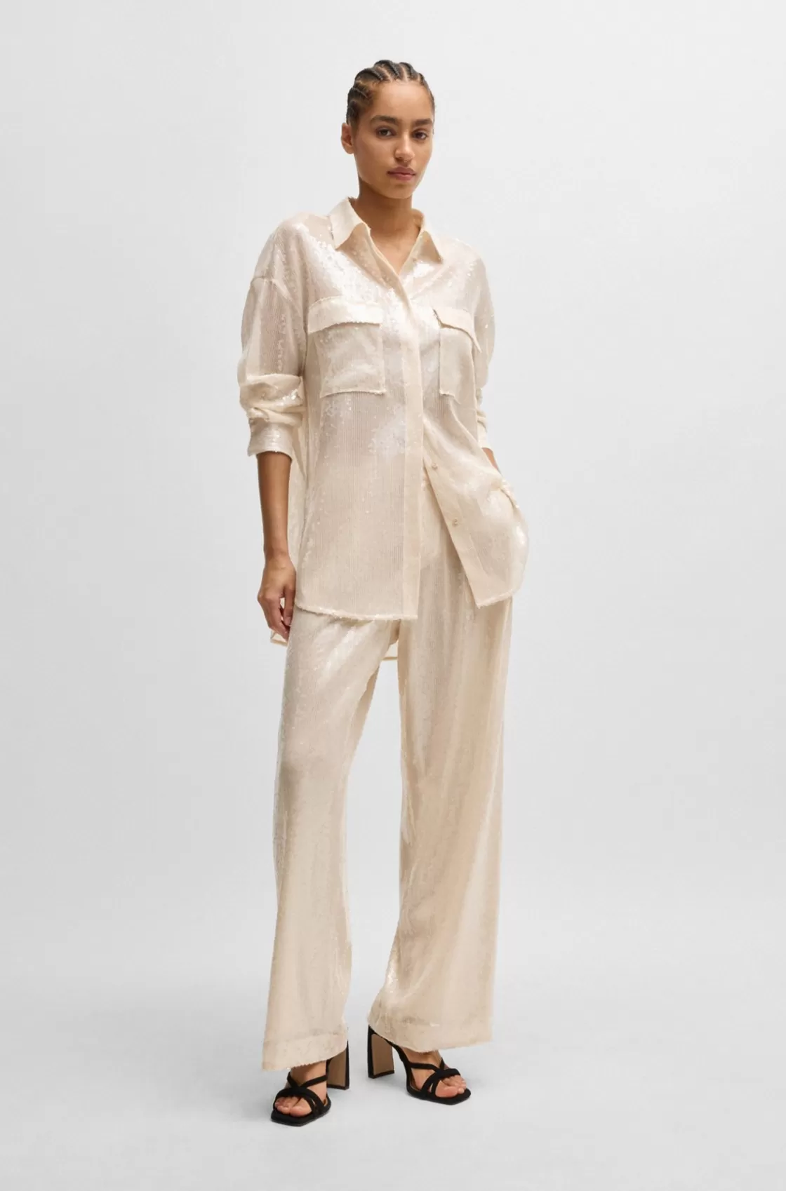 HUGO BOSS Relaxed-fit Blouse With Sequins And Point Collar Light Orange Hot