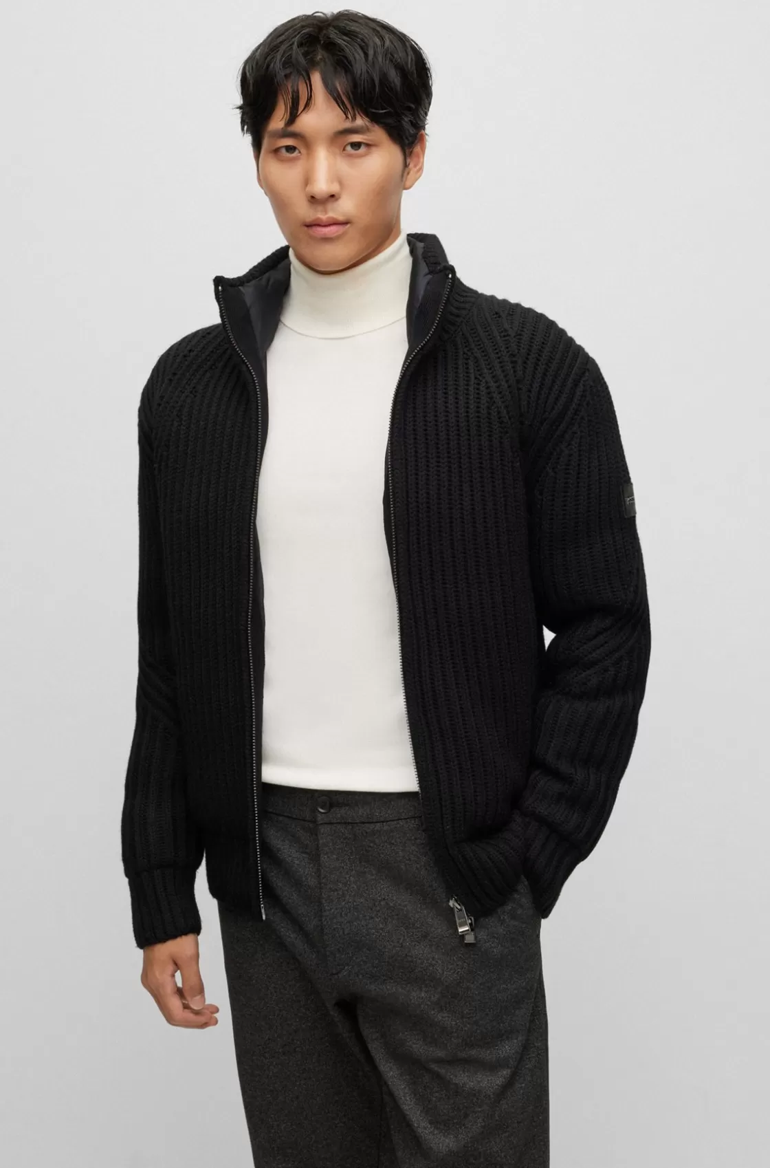 HUGO BOSS Relaxed-fit Cardigan In Virgin Wool With Chunky Structure Black Flash Sale