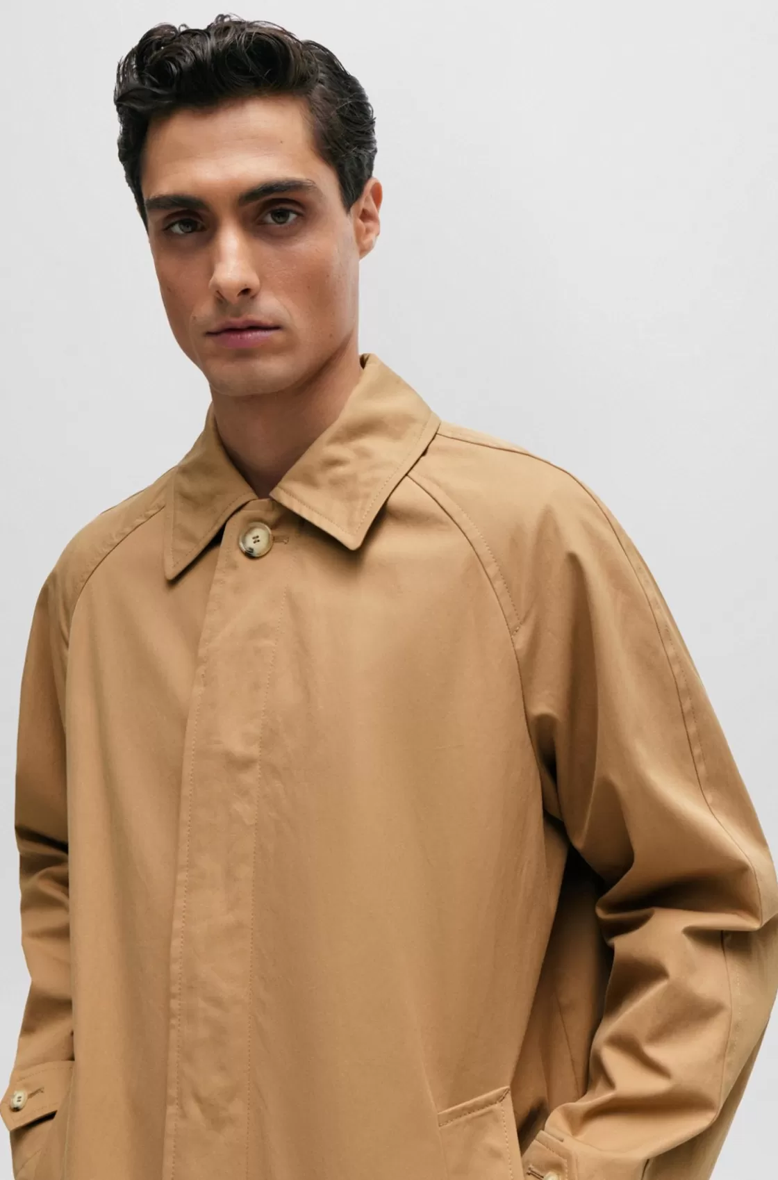 HUGO BOSS Relaxed-fit Coat In Cotton With Concealed Closure Beige Discount
