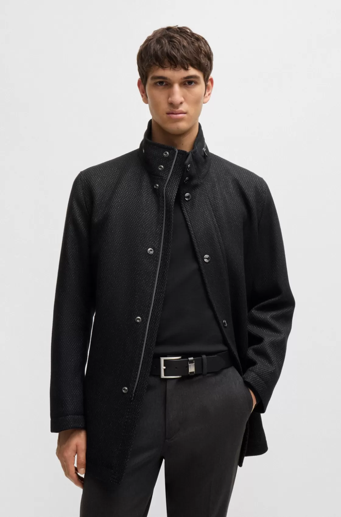 HUGO BOSS Relaxed-fit Coat In Micro-patterned Wool Black Online